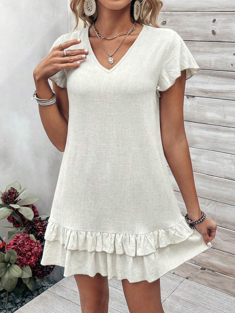 V-Neck Double Layered Ruffle Hem Dress