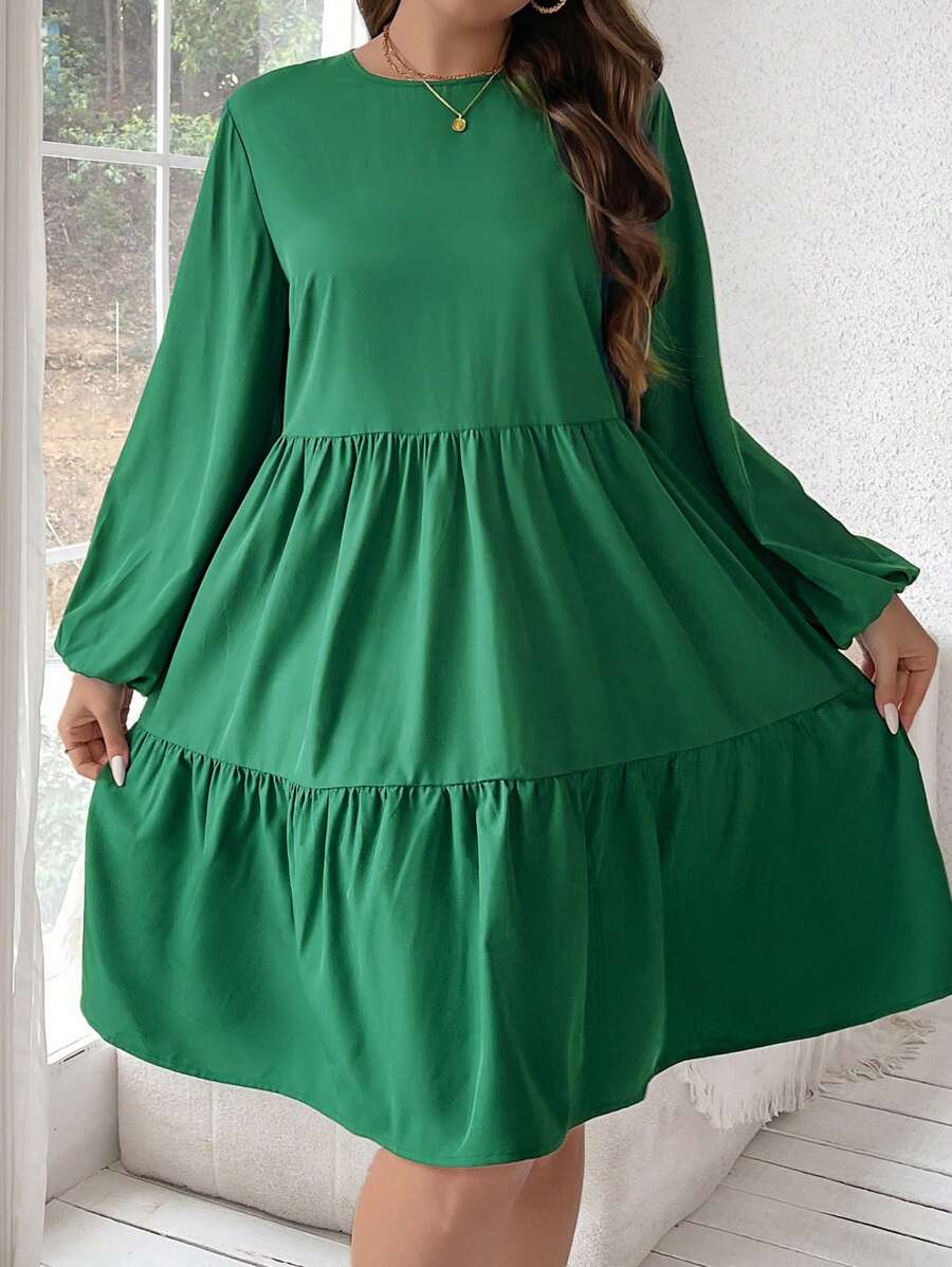 Calvaya Kích thước lớn Màu thuần Tay áo lồng đèn Đầm giản dị - Màu xanh lá cây đậm - Xem 1