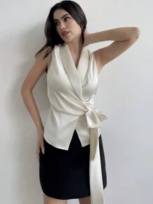 Firerie Camisa elegante con cuello en pico y cinturón anudable, ropa de oficina para dama - Caqui - Ver 5