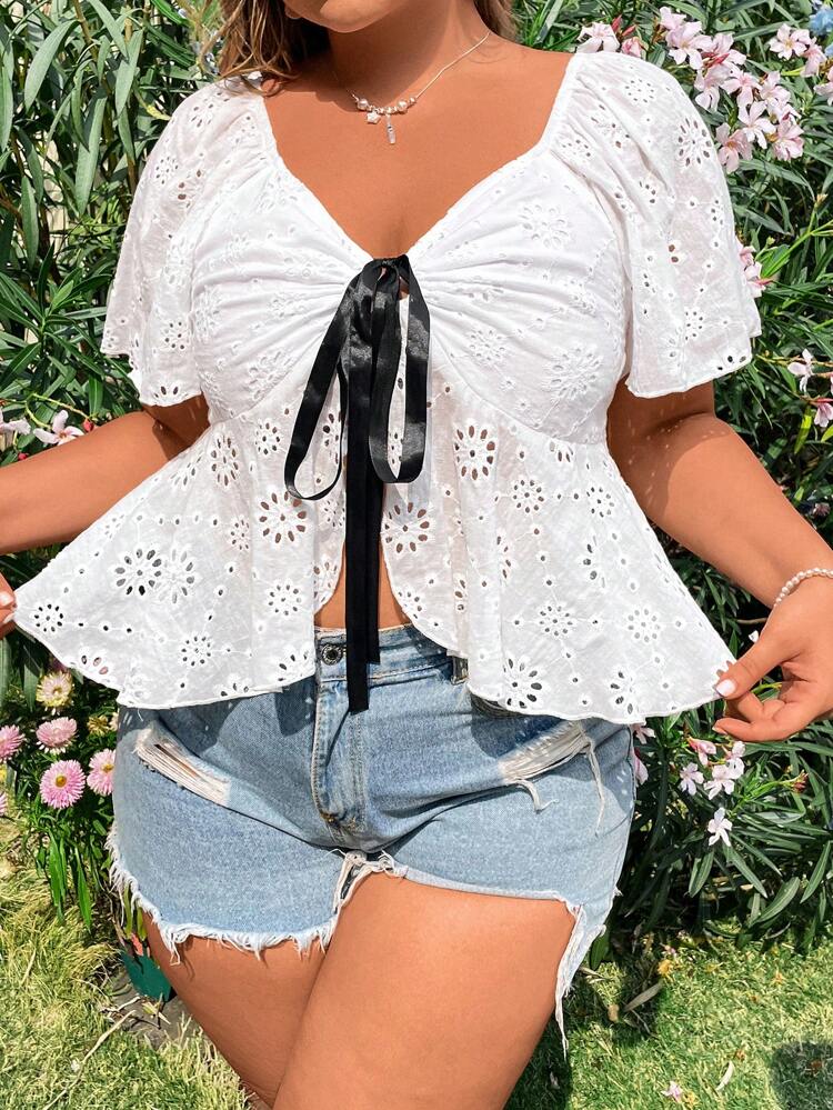 Plus Size Solid Color Hollow Out Embroidery Tie Neck Shirt With Diamond Decor
