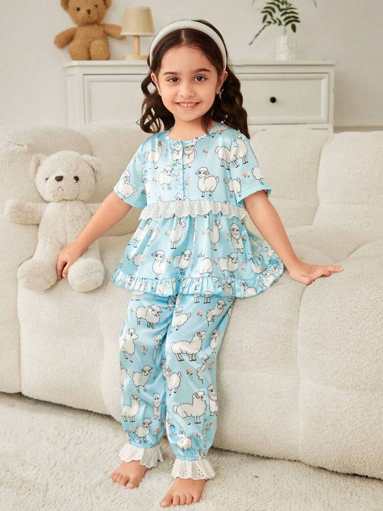 Young Girl Loose Woven Pajama Set With Patchwork, Hollow Out & Embroidery Sheep Pattern, Easter