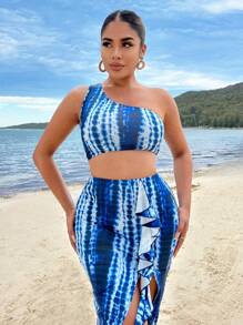 SHEIN SXY Bộ đồ hai mảnh xếp nếp một bên vai nhuộm loang cao xẻ tà - Nhiều màu - Xem 5