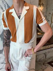 Men's Contrast Color Patchwork Turndown Collar Short Sleeve Knit Top - Beige - View 5