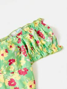 Soleia Women's Holiday Style Green Base Red & Yellow Floral Print Front Bow Decor Romantic Puff Sleeve Off Shoulder Blouse - Multicolor - View 4
