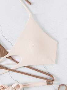SHEIN Swim 女士拼色交叉镂空挂脖比基尼套装夏季海滩 - 彩色 - 查看 5