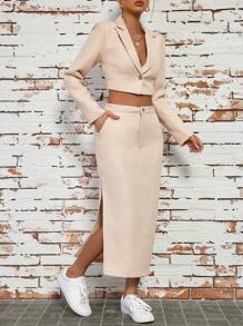 GENKIRA Solid Color Suit Jacket With Lapel Collar And Split Hem Skirt Set - Apricot - View 6