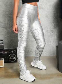 SHEIN 少女彈性PU皮革製褲子，帶有折邊和縫裂裝飾 - 銀色 - 查看 6