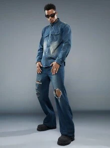 Manfinity Homme Camisa De Hombre De Corte Holgado Con Un Efecto De Manchas De Pintura De Metal Pesado