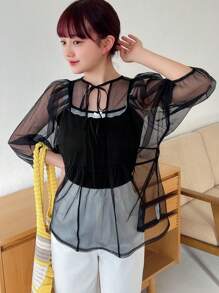 FRIFUL Women's Sheer Mesh Cami Top With Strap - Black - View 3