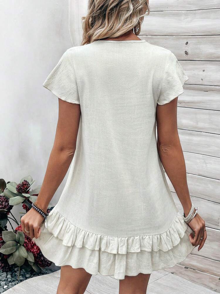 V-Neck Double Layered Ruffle Hem Dress