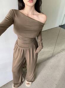 DAZY Women's Asymmetrical Shoulder Ruched T-Shirt And Wide-Leg Pants Set, Women Two Pieces Sets Lounge Sets For Women - Khaki - View 1
