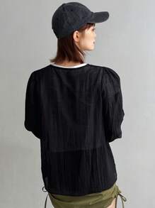 FRIFUL Solid Color Blouse With Diagonal Pocket And Lantern Sleeves Sheer Long Sleeve Top - Black - View 5
