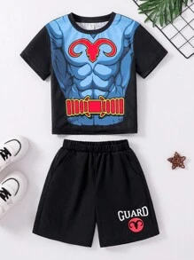 SHEIN 2 Stücke Junge Lässig & Sport College-Stil Muster Lose Rundhals Kurzarm T-Shirt und Shorts, geeignet für den täglichen Gebrauch, Schule, Reisen, Sport, Frühling und Sommer Saison