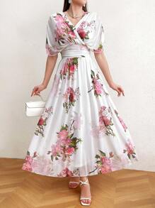 Modelyn Women's Floral Print Batwing Sleeve Dress With Waist Pleats Long Evening Dresses