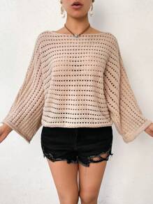 Breezaya Women's Asymmetric Neckline Hollow Out Knit Sweater - Khaki - View 3