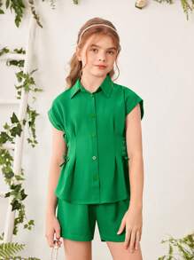 SHEIN 2pcs/Set Tween Girl Cross Front Crop Top And Wide Leg Shorts - Green - View 1