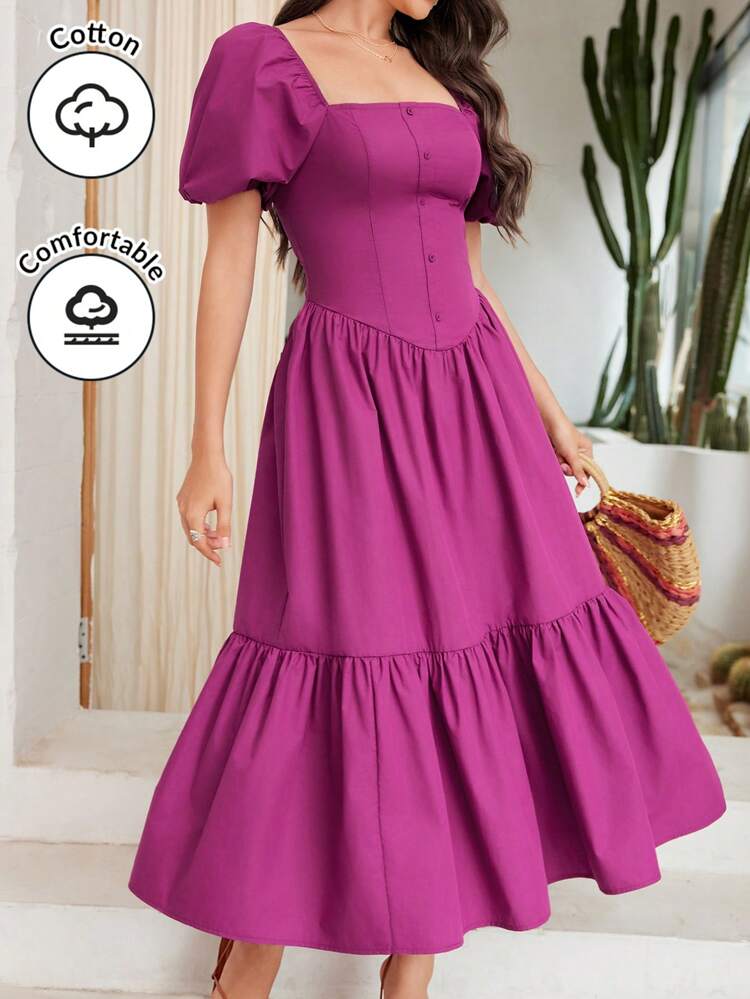 Women's Solid Color Puff Sleeve Dress