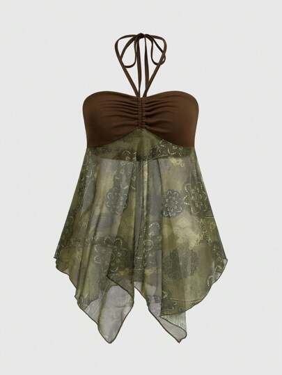 Fairycore Women's Asymmetrical Mesh Camisole Top With Ruched Neckline And Contrast Color Flounce Hem