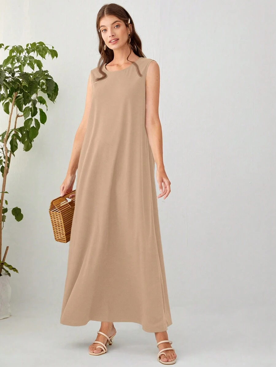 Al Najma Solid Colored Sleeveless Loose Fit Dress For Casual Wear - Apricot - View 1