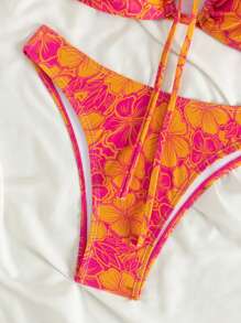 Swim Mod Flower Print Strapless Bikini Set, Summer Beach - Multicolor - View 4