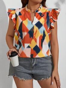 SHEIN LUNE 大尺碼印花拼接上衣,荷葉邊袖口和開叉領口 - 彩色 - 查看 4