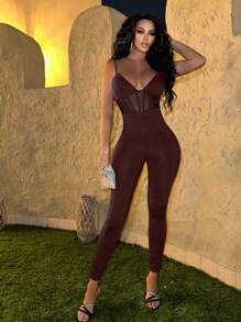 SHEIN SXY Enterizo/mono con tirantes y detalles de malla transparente para mujer - Marrón - Ver 5