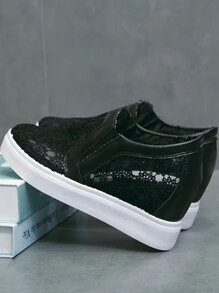 女士楔形高跟厚底運動鞋,鞋帶透氣休閒鞋,隱形增高運動鞋 - 黑色 - 查看 7