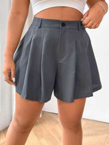 Flirla Plus Size Solid Color Folded Pleated Shorts - Grey - View 3