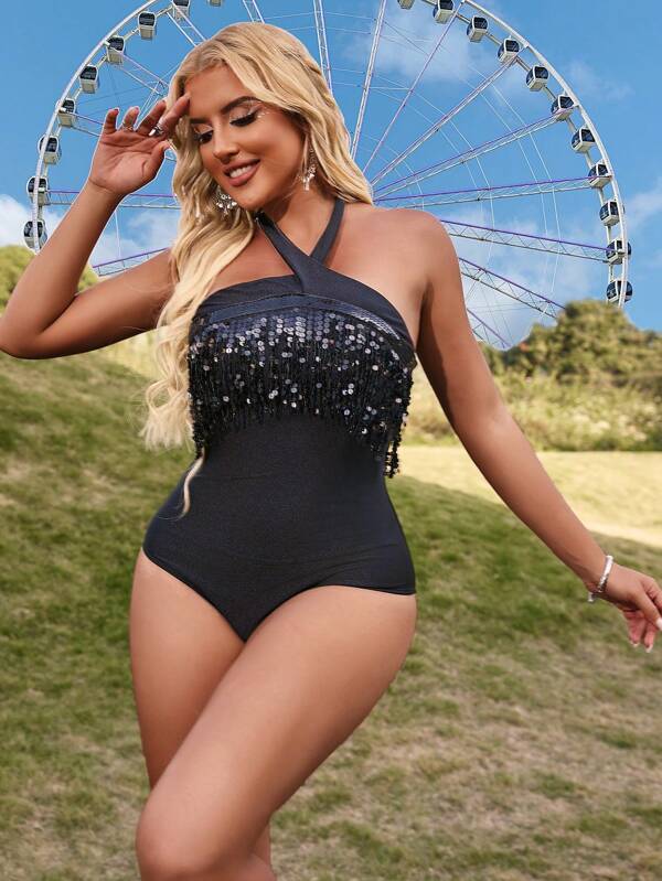 Swim EVENT Traje de baño de una pieza con flecos brillantes y escote halter, perfecto para festivales de música en verano