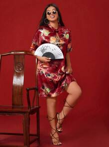 SHEIN Clasi Plus Size Women's Traditional Chinese Style Cheongsam Dress With Koi Fish Print - Red - View 4