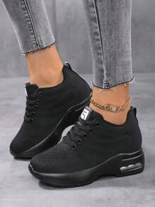 Fall/Winter Women's Lightweight Mesh Sneakers, Platform Low Top Lace Up Height Increased Casual Shoes, Women's Sport Footwear - Black - View 6