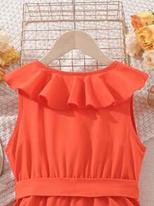 Vestido De Niña Preadolescente Con Dobladillo Con Volantes Envuelto En Color Sólido - Naranja - Ver 4