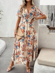 SHEIN VCAY Của phụ nữ Cổ chữ V sâu In hoa Đầm - Màu be - Xem 3