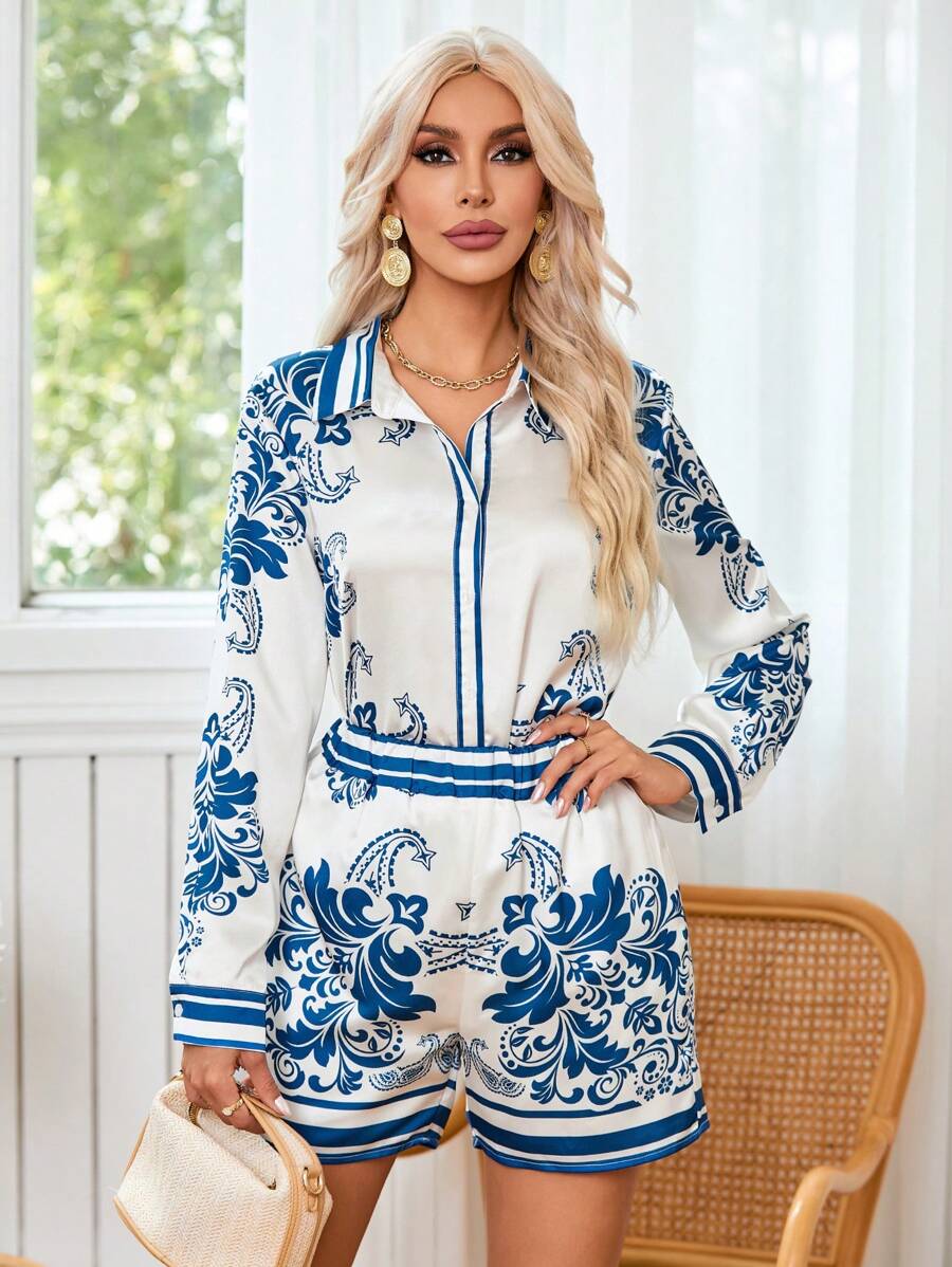 SHEIN VCAY Bộ áo sơ mi và quần short in họa tiết định vị dành cho nữ - Nhiều màu - Xem 1