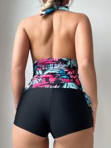 SHEIN Swim 女士植物印花露背分体泳衣，适合夏季、海滩、游泳 - 彩色 - 查看 2