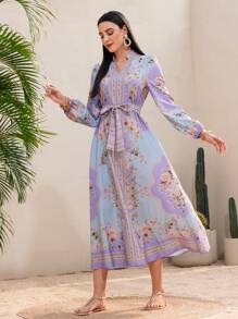 Modelyn Robe longue à manches lanternes pour femmes avec col cranté et imprimé floral blocs de couleurs