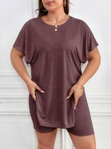 SHEIN Frenchy Plus Size Women's Solid Color Round-Neck Short Sleeve T-Shirt And Shorts Set - Coffee Brown - View 5