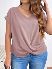 SHEIN Frenchy 大尺碼女士扭結扣環蝙蝠短袖v領綠色襯衫 - 粉色 - 查看 3