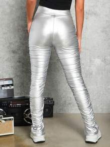 SHEIN 少女彈性PU皮革製褲子，帶有折邊和縫裂裝飾 - 銀色 - 查看 2