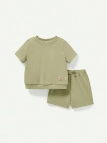 Cozy Pixies 4pcs Baby Boy Short Sleeve Ensemble With Letter Decoration Fabric Label, Round Neck T-Shirt, Shorts Set Matching Set - Multicolor - View 8