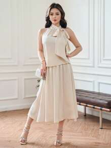 DAZY Conjunto de falda y top halter de satén de 2 piezas - Beis - Ver 5