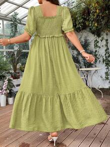 Breezaya 大碼純色紋理泡泡袖長裙 - 橄欖綠 - 查看 2