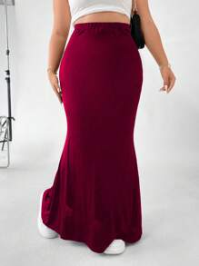SHEIN Coolane Plus Size Solid Color Stretchy High Waist Mermaid Hem Skirt - Burgundy - View 7