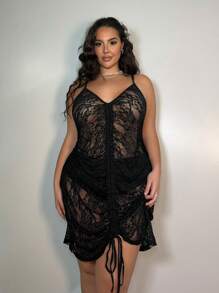 SHEIN Swim Curve Plus Size Drawstring Lace Cami Cover-Up Dress, Beach Outfit Music Festival Vacay Vibe Summer - Black - View 3