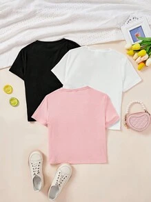 SHEIN Leap Crew 適合夏天的青少女輕便簡約卡通女孩印花t恤（多件裝） - 彩色 - 查看 2