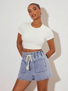 SHEIN BASICS Áo thun nữ cổ tròn tay ngắn màu trơn đơn giản thường ngày - trắng - Xem 1