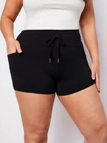 SHEIN BASICS Plus Size Women's Knitted Casual Drawstring Waist Short Leggings - Multicolor - View 7