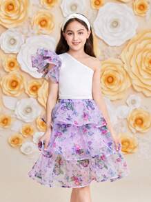 SHEIN 少女可愛斜肩襯衫和裙子兩件套裝 - 紫色 - 查看 5