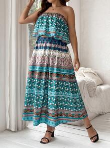 SHEIN Clasi Kích thước lớn Hoa In Áo Bandeau  Và Bộ váy - Nhiều màu - Xem 1