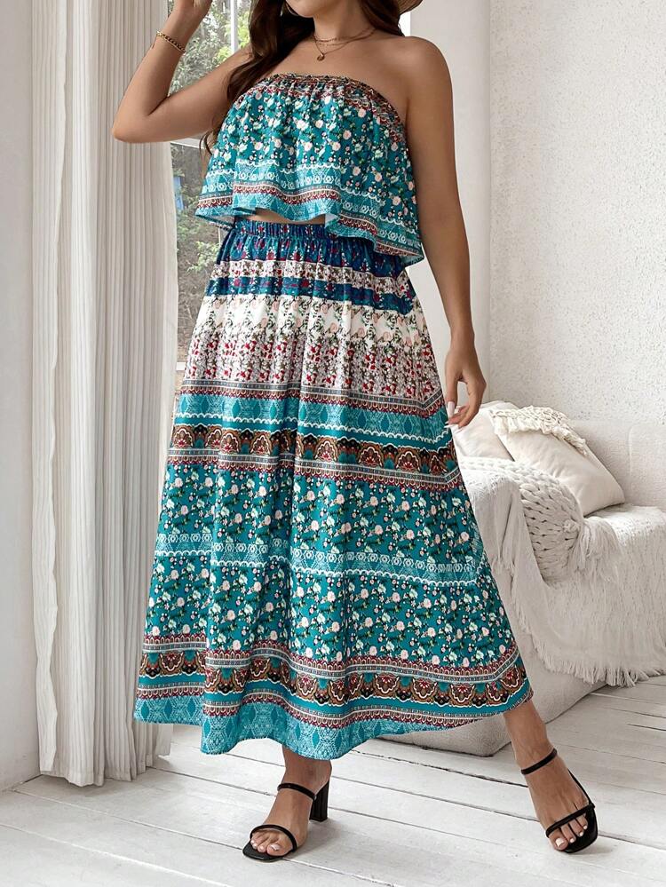 Plus Size Floral Printed Bandeau Top And Skirt Set